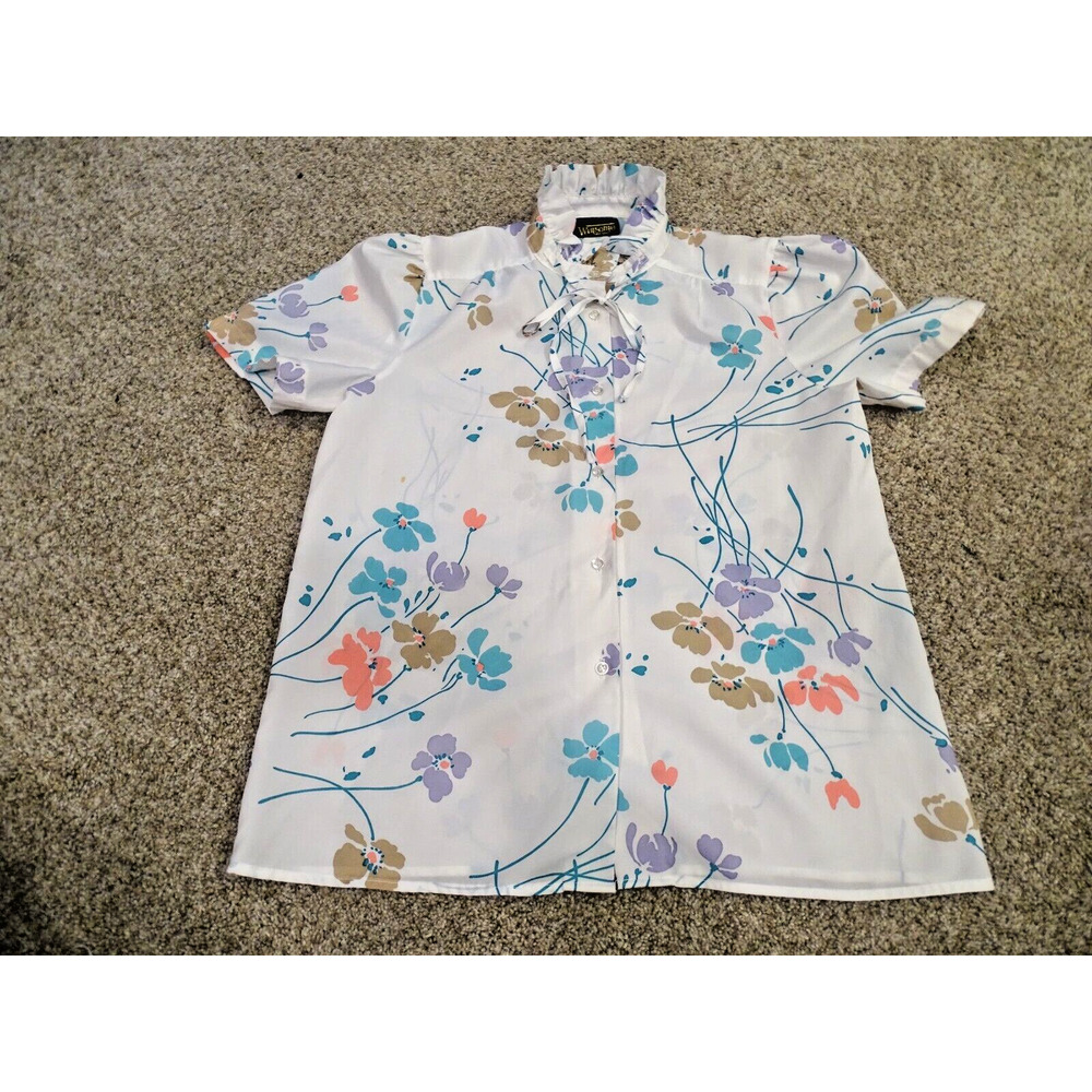 Vintage 80s Winsom Short Sleeve Floral Secretary High Ruffle Neck Blouse Size 12